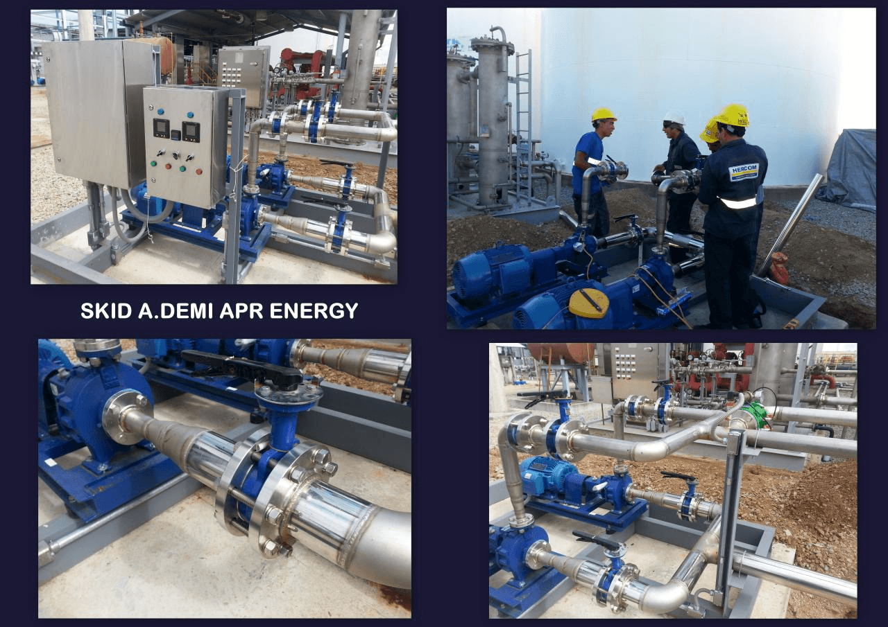 Montaje de skid de bombas industriales para APR Energy con operarios de HERCOM con casco